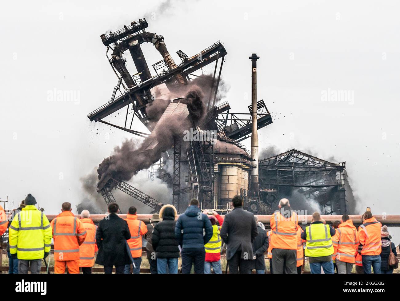 The Redcar Blast Furnace, Casting Houses, the Dust Catcher and Charge Conveyors, at the former steelworks site which have dominated the Teesside skyline for over four decades, are brought down by controlled explosion. Picture date: Wednesday November 23, 2022. Stock Photo