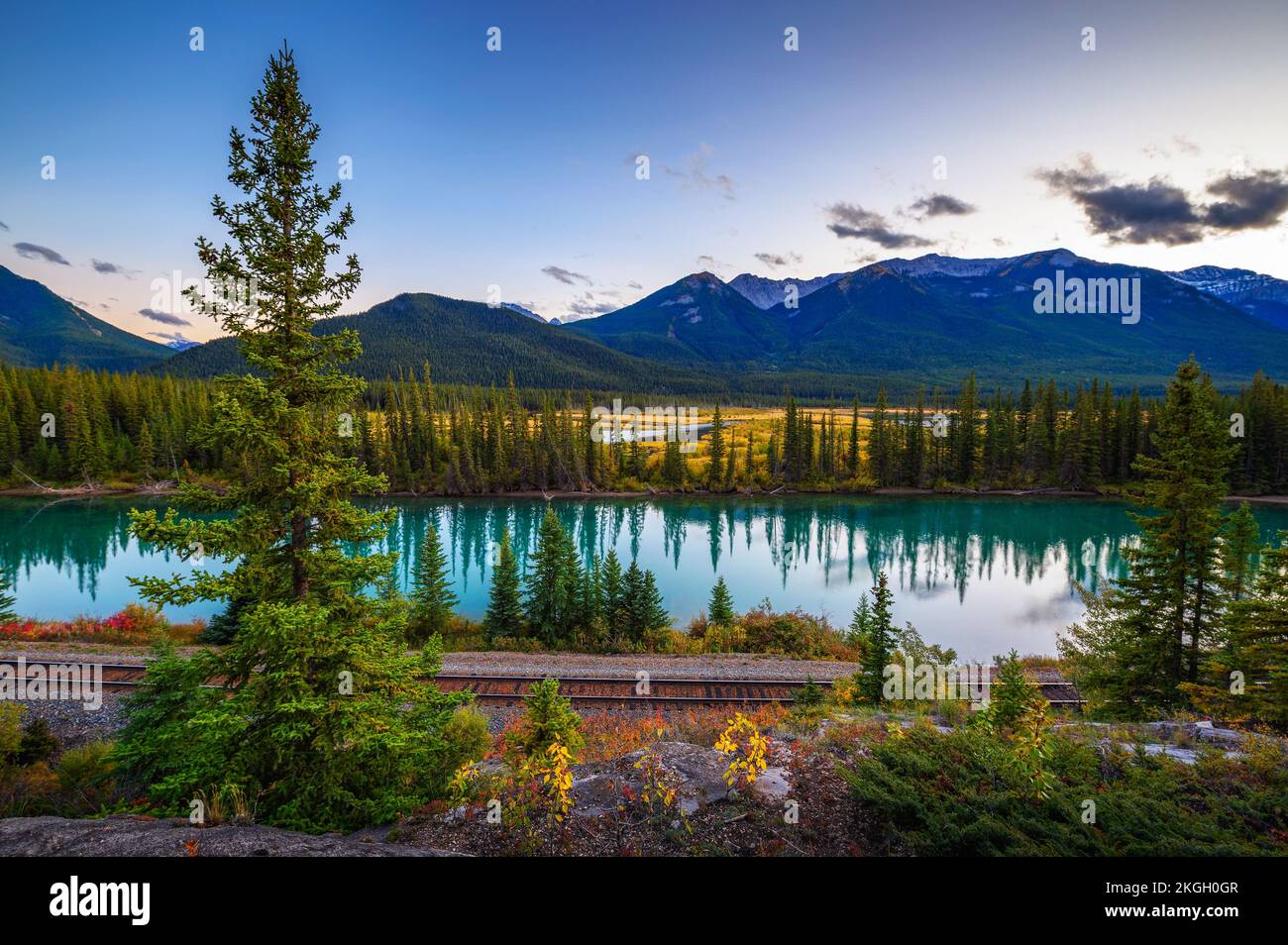 Bow River and Rocky Mountains from Backswamp Viewpoint in Banff National Park Stock Photo