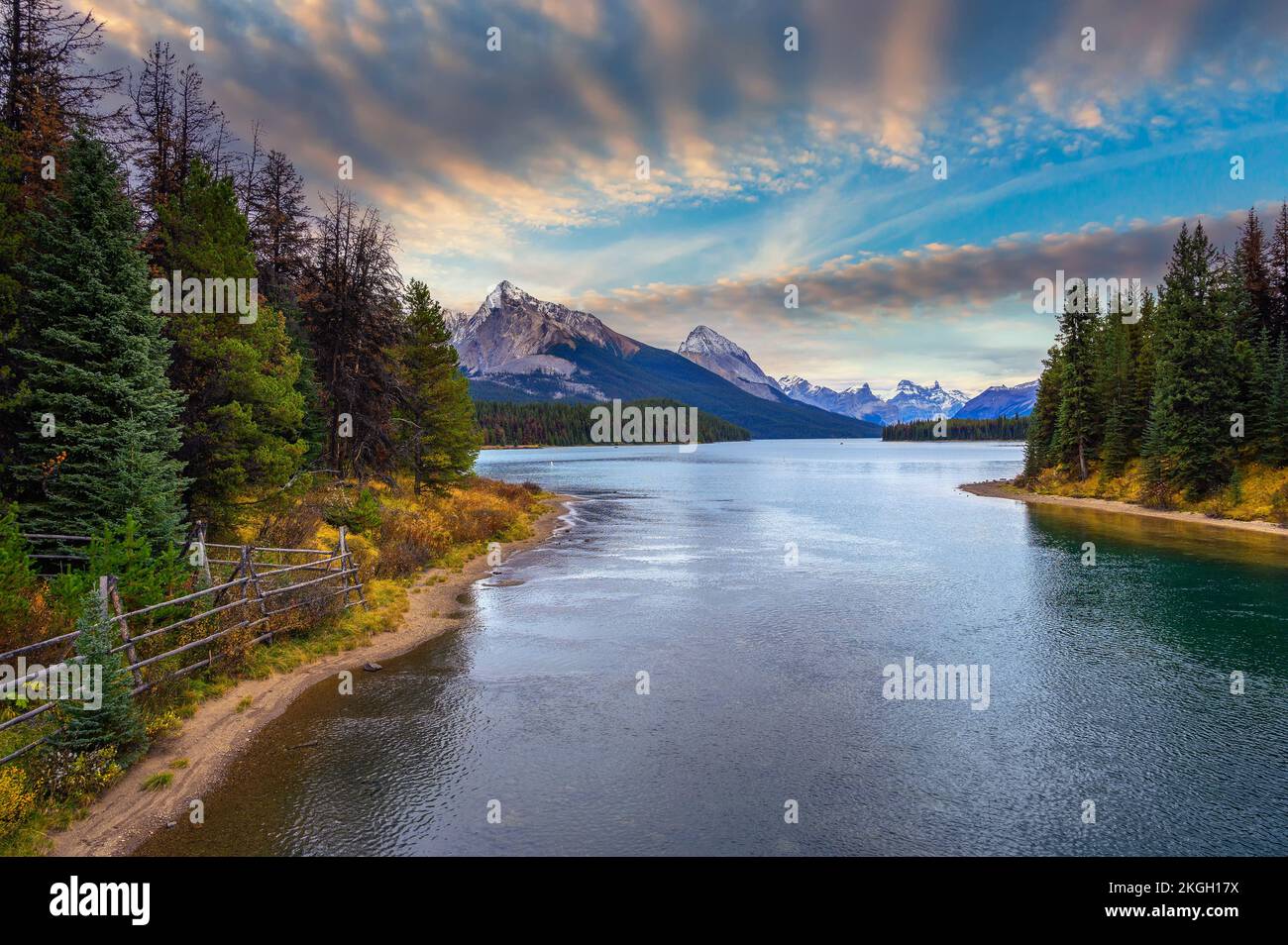 Sunset over Maligne Lake and Evelyn Creek in Jasper National Park, Canada Stock Photo