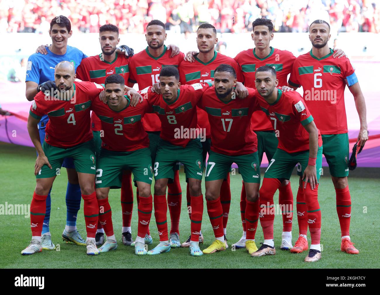 Al Khor, Qatar.November 23, 2022, Morocco players line up for a team photo prior to the FIFA World Cup Qatar 2022 Group F match between Morocco and Croatia at Al Bayt Stadium on November 23, 2022 in Al Khor, Qatar. Photo by Igor Kralj/PIXSELL Stock Photo