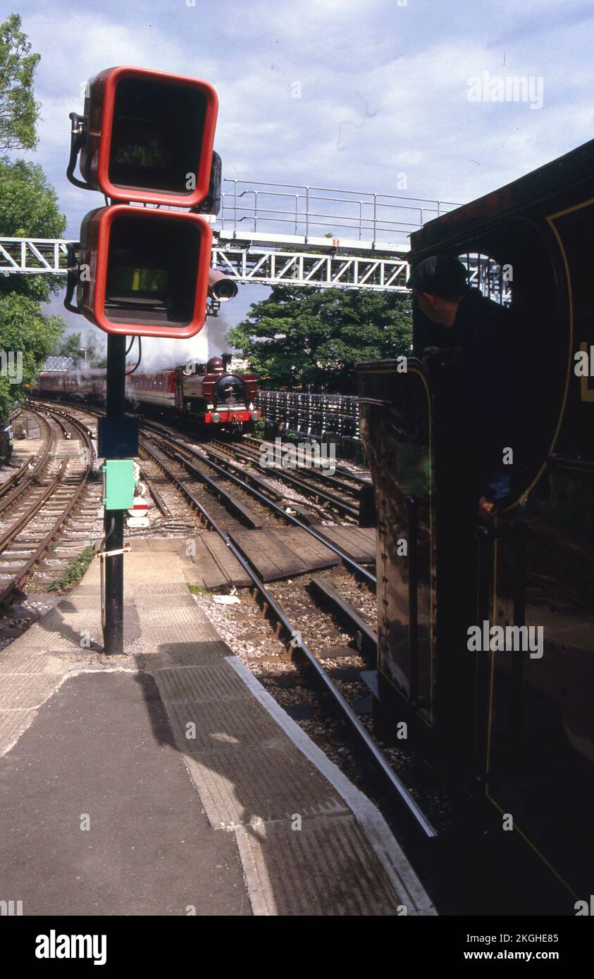 LT99 (GWR 7715) & LT90 (GWR 7760) arriving into Rickmansworth station during the 'Steam on the Met' 1993 Stock Photo