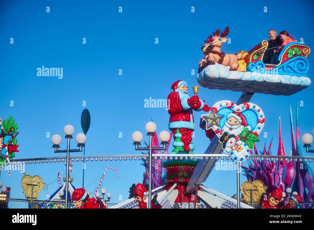 Christmas themed funfair ride on the Tower Headland,Blackpool Stock Photo