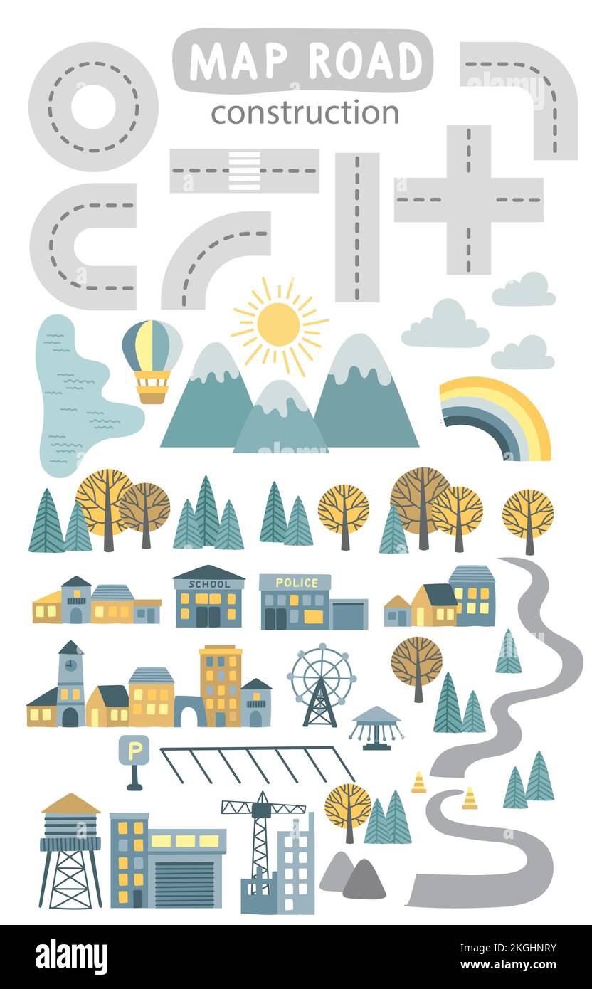 Kids work zone Stock Vector Images - Set Of Segments For Childrens Map Road Creator Vector Illustration Of Roads Mountains Wood Lake Building And Construction Site Design For A Kids 2KGHNRY 