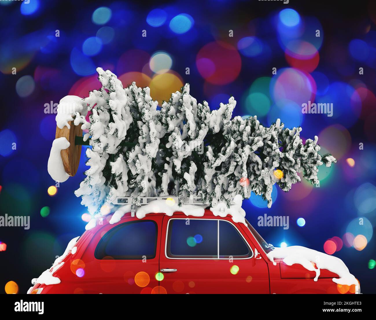Ready to xmas with 3d rendering of Christmas tree on the roof of a vintage car Stock Photo