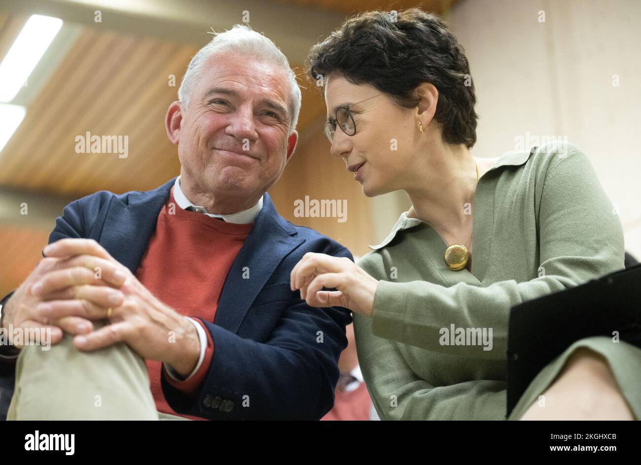 Stuttgart, Germany. 23rd Nov, 2022. Marion Gentges (r), Minister of Justice of Baden-Württemberg, and Thomas Strobl, Minister of the Interior of Baden-Württemberg (both CDU), talk during a presentation of the 'Rechtsstaat macht Schule' project. With the help of interactive exercises and simulation games, schools throughout the state are to be informed about the tasks and working methods of the police and judiciary. Credit: Marijan Murat/dpa/Alamy Live News Stock Photo