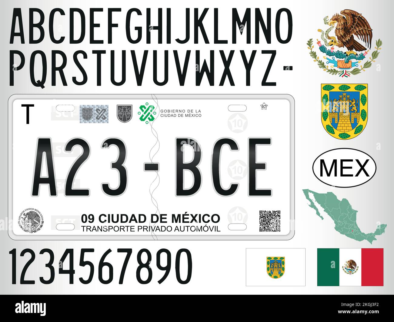Mexico, license plate of Mexico City with numbers, letters and symbols, vector illustration