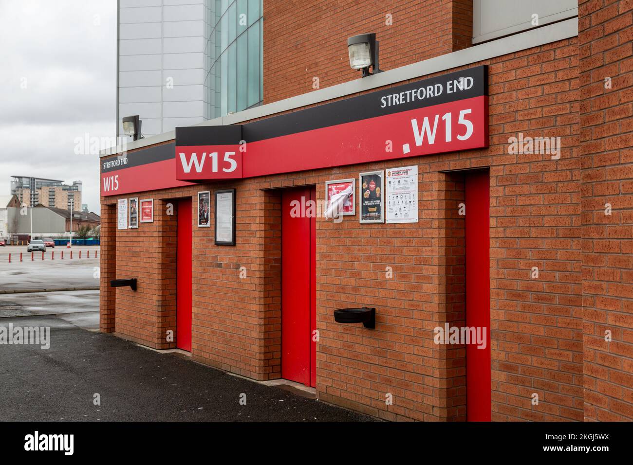 Stretford End at Manchester United's Old Trafford stadium, Manchester Stock Photo