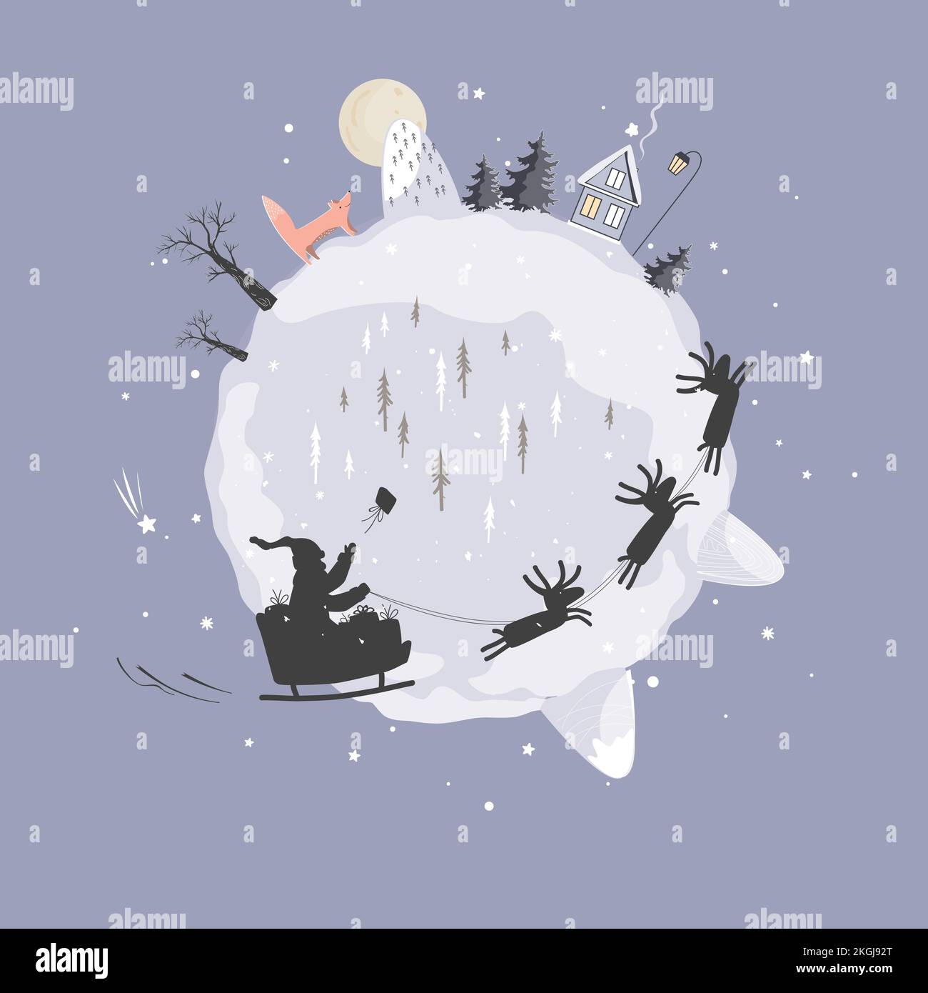 Doodle Winter Planet with Santa Claus and deer silhouettes flying in a sleigh. Cute small Xmas planet with a fox, house and tress. Christmas and New Stock Vector