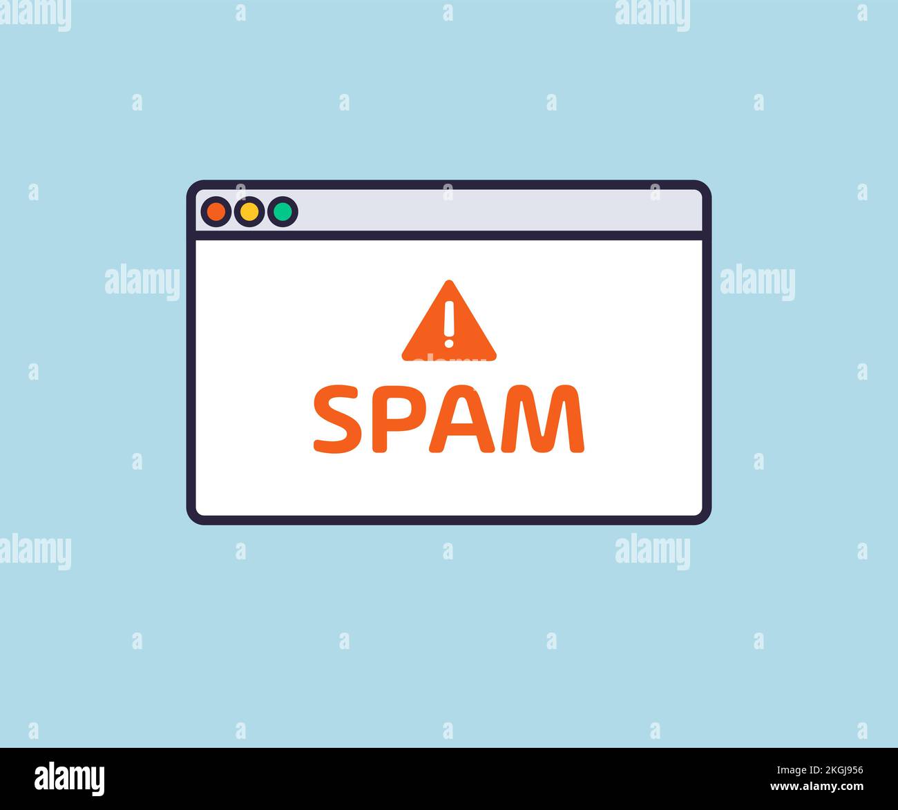 Spam Email Envelope Warning Window Appear On website browser logo design. Receive notification, alert message, warning, get e-mail, email, spam. Stock Vector