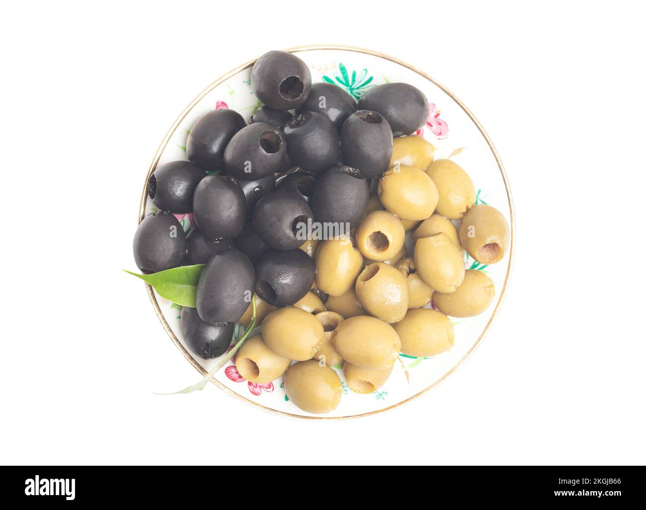green and black olives isolated on white background top view. Stock Photo