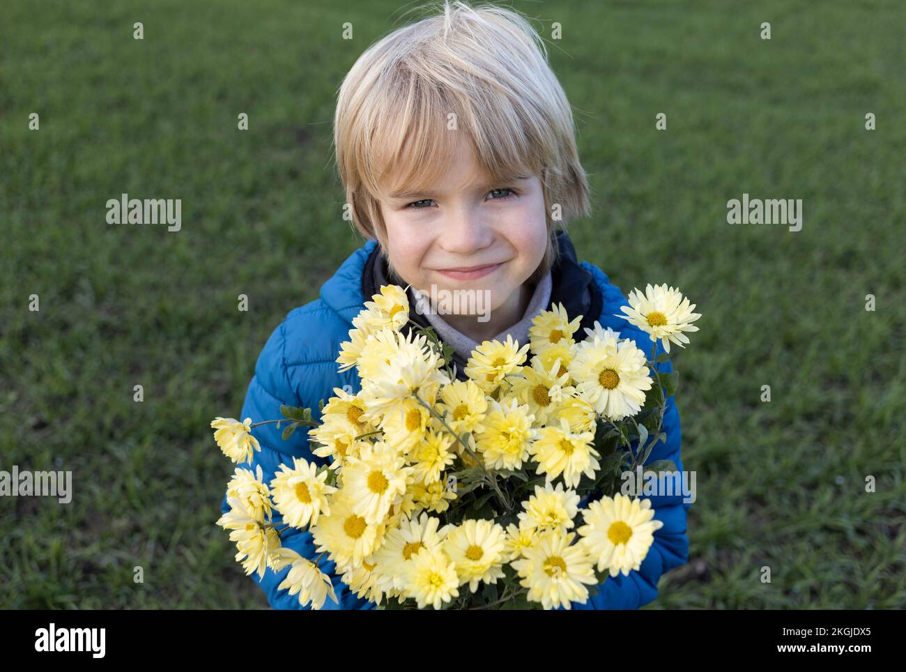 smiling Ukrainian boy 5-6 years old in blue jacket with bouquet of yellow chrysanthemums. Mother's day, flowers from garden from son. festive mood, gr Stock Photo