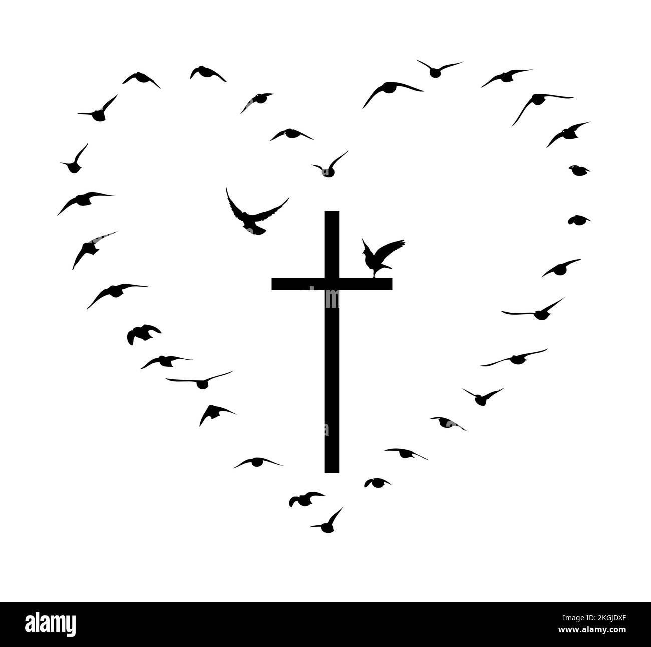 Dove flying with a Symbol of Religion. Cross. Dove Of Peace. No war