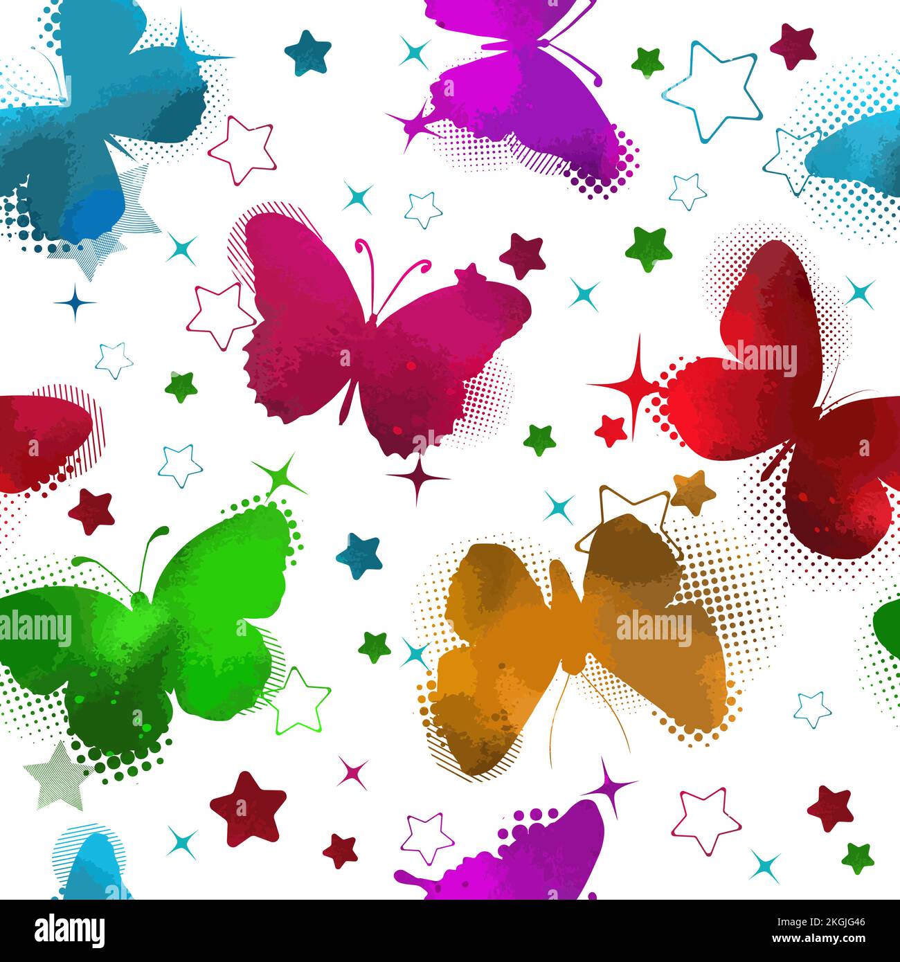 Seamless pattern colored watercolor butterflies. Vector illustration Stock Vector