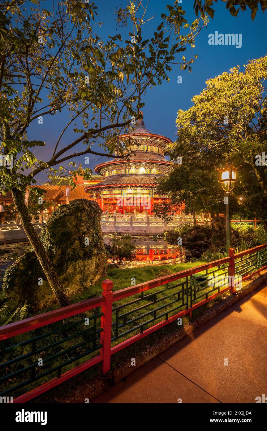 The Chinese pavilion illuminated at night at Epcot Center, Orlando, Florida, USA. Stock Photo