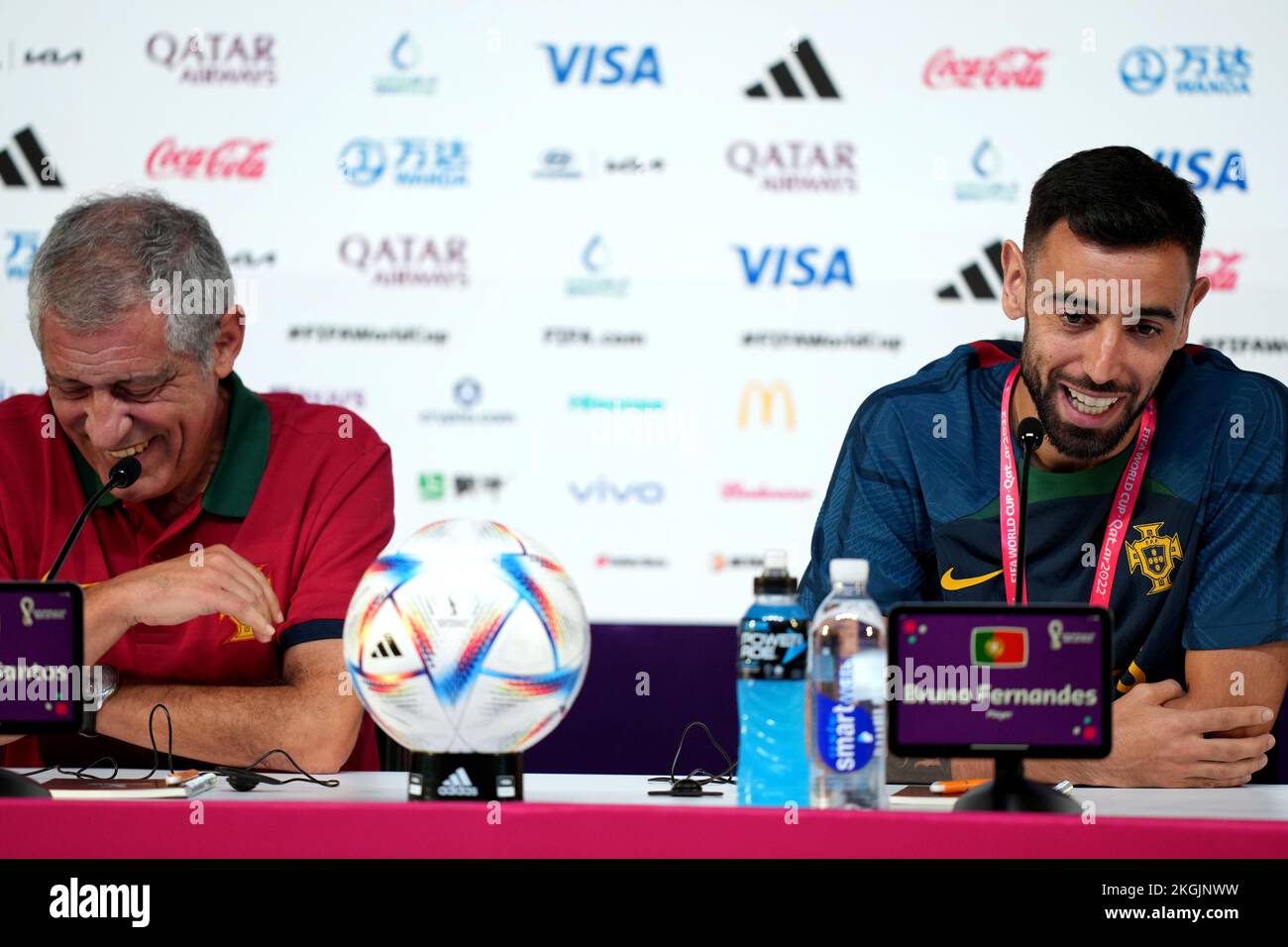 Portugal's Bruno Fernandes (right) and manager Fernando Santos during a press conference at the Main Media Centre, Doha, Qatar. Portugal will face group G opponents, Ghana, on Thursday November 24th. Picture date: Wednesday November 23, 2022. Stock Photo