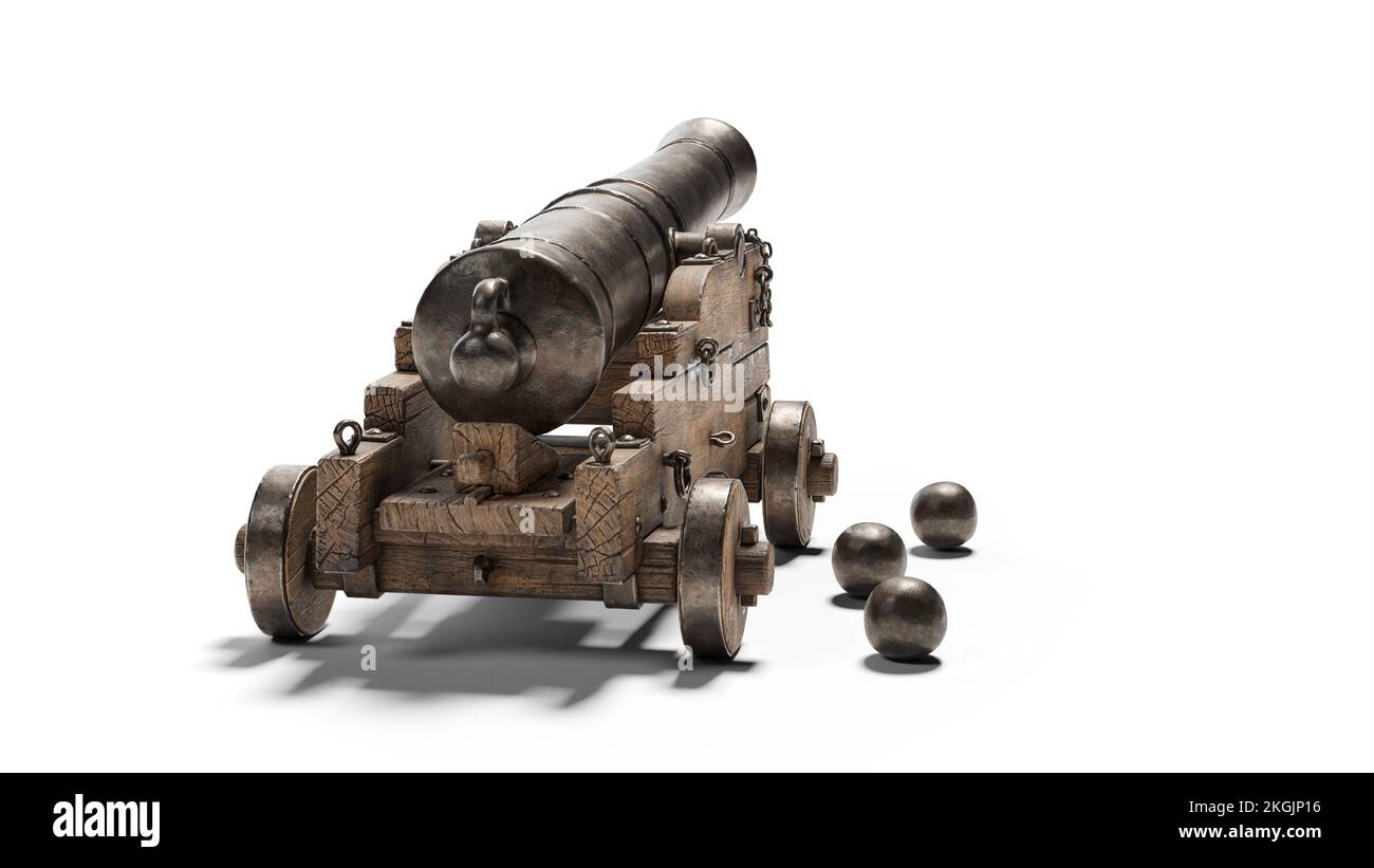 Ancient cannon on wheels with cannonballs isolated on white background with clipping path Stock Photo