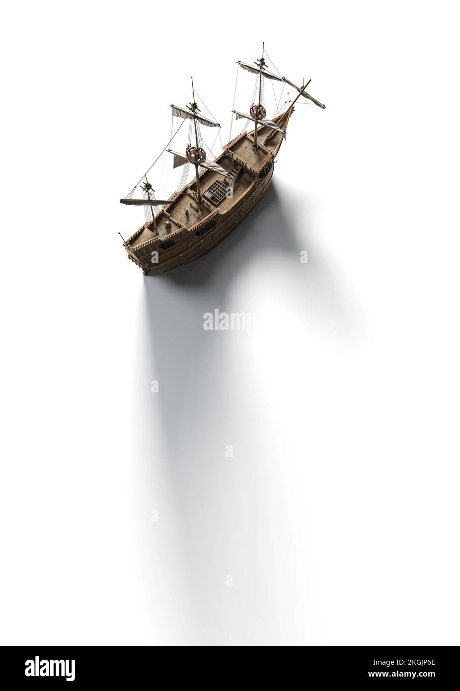 Top view of wooden sailboat sails steampunk fantastic wooden Dutch ship in the style of engraving. Isolated On White background with clipping path. Stock Photo