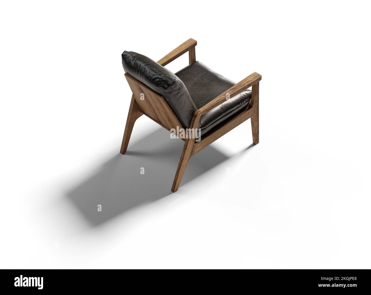 Top angle cosy black leather armchair isolated on white background with