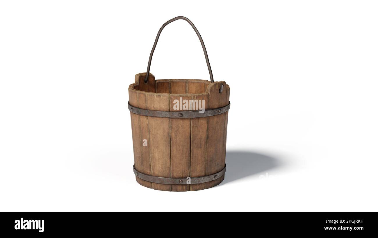 Wooden bucket isolated on white background. Clipping path included. Stock Photo