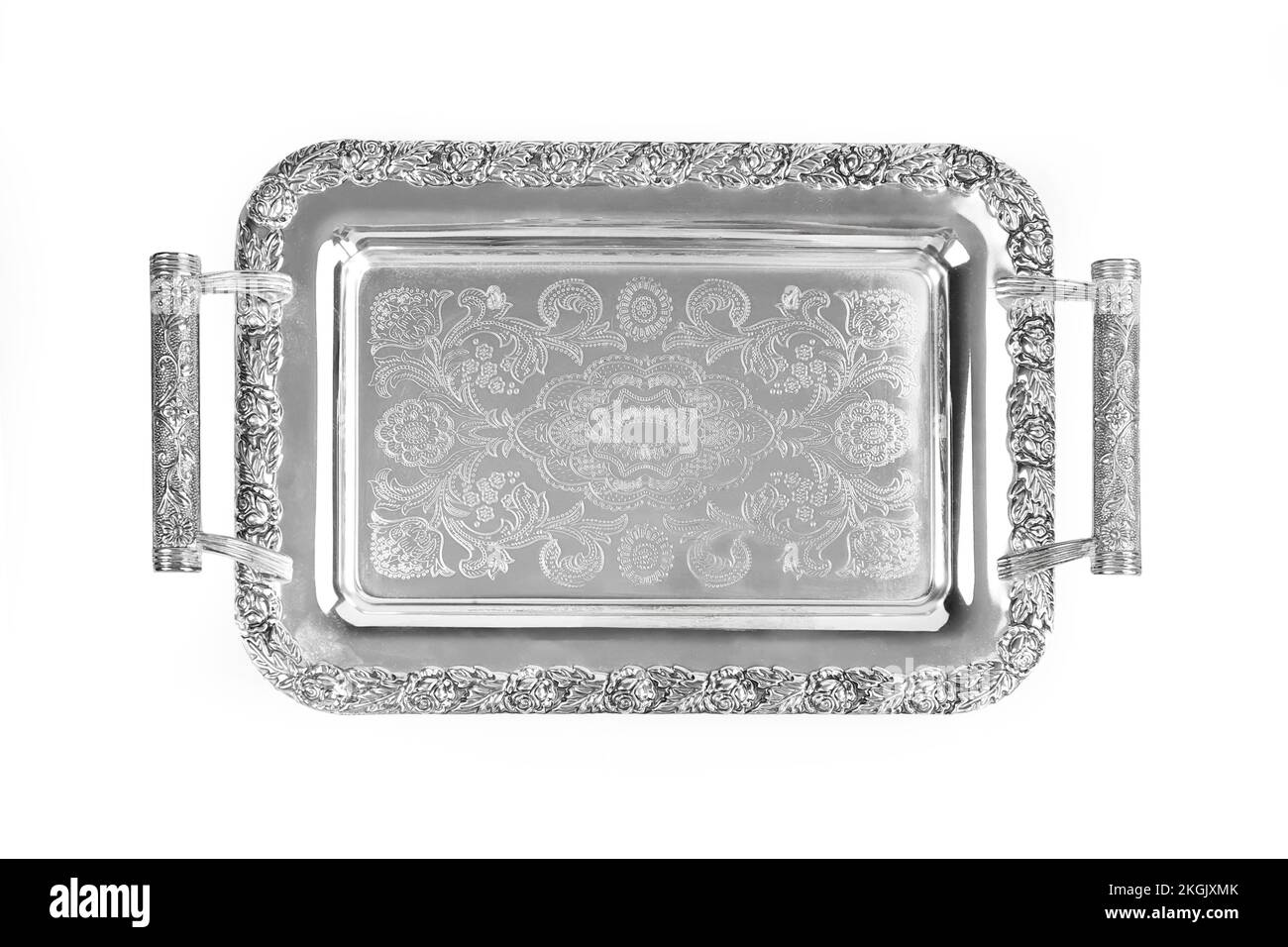 Antique silver tray with handles. Old luxury tray isolated on white
