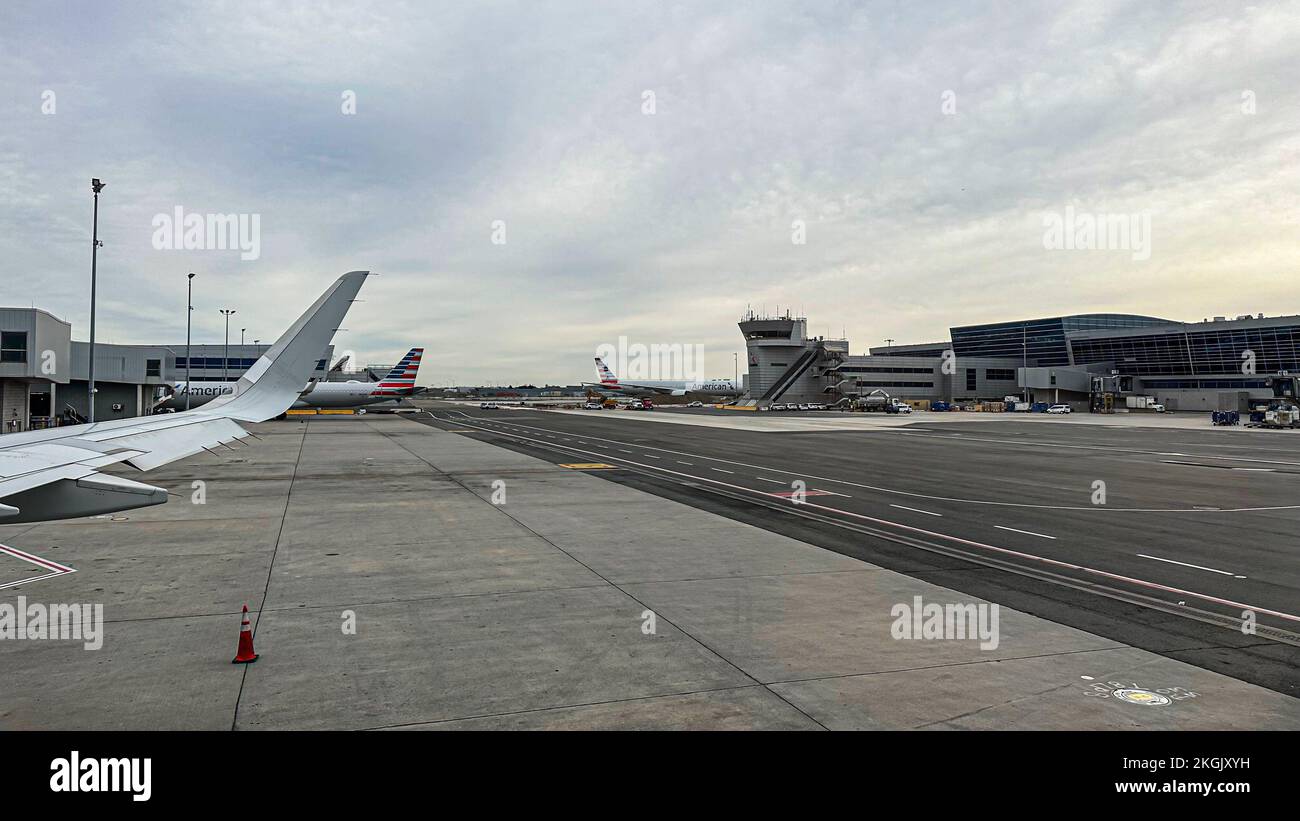 September 30, 2022 - New York, NY USA - Planes line up at JFK airport, one of the top 10 busiest airports in the US. Stock Photo