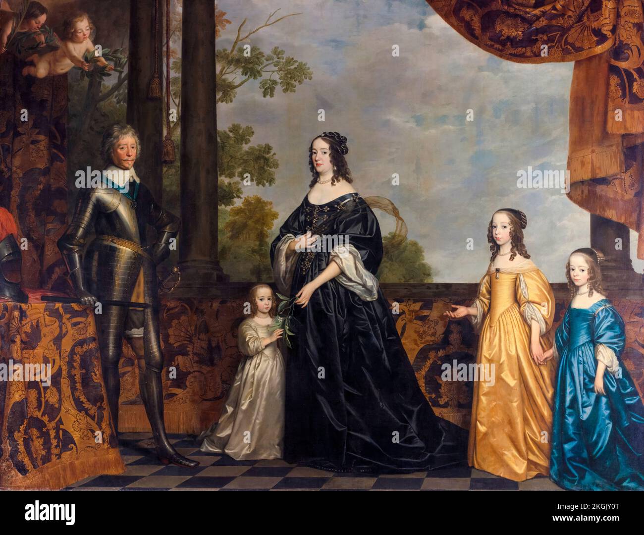 Frederick Henry (1584-1647), sovereign prince of Orange, his Consort, Amalia of Solms-Braunfels (1602-1675), and their three youngest daughters (eldest to youngest), Albertine Agnes of Nassau (1634-1696), Henriette Catherine of Nassau (1637-1708), and Maria of Orange-Nassau (1642-1688), family portrait painting in oil on canvas by Gerard van Honthorst, 1647 Stock Photo