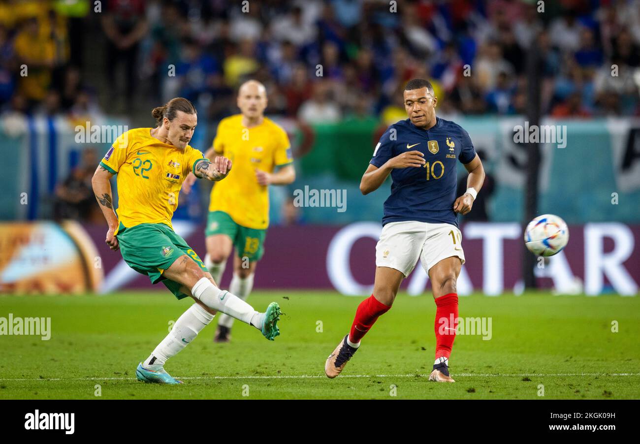 Doha, Qatar. 22nd Nov, 2022. Jackson Irvine (AUS), Kylian Mbappe (FRA