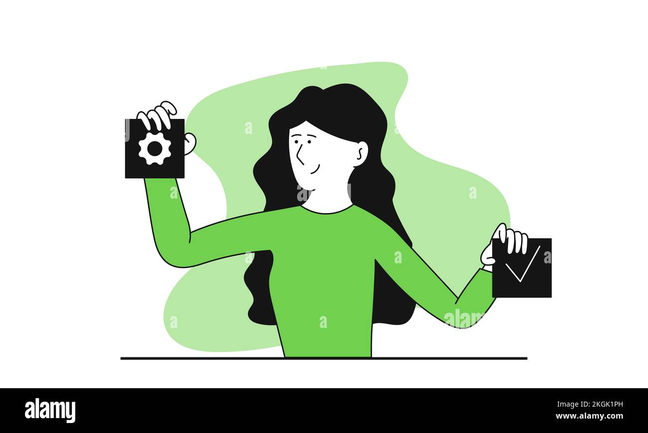 Woman holding a settings button in hand vector illustration concept. Business strategy process and success office plan. Marketing innovation software Stock Vector