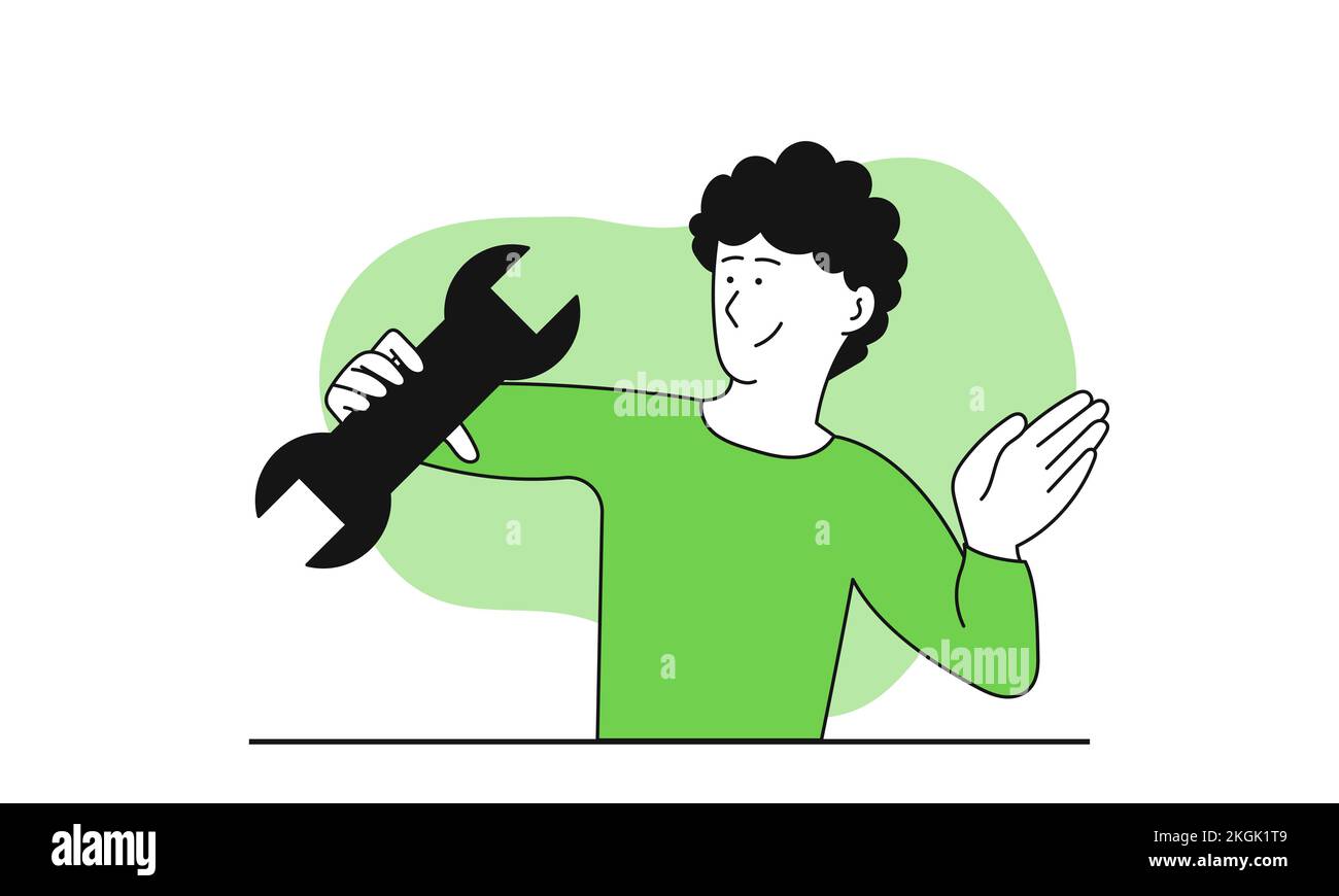 Man holding a wrench in his hand vector illustration concept. Repair site and maintenance web service for website. Page on construction template desig Stock Vector