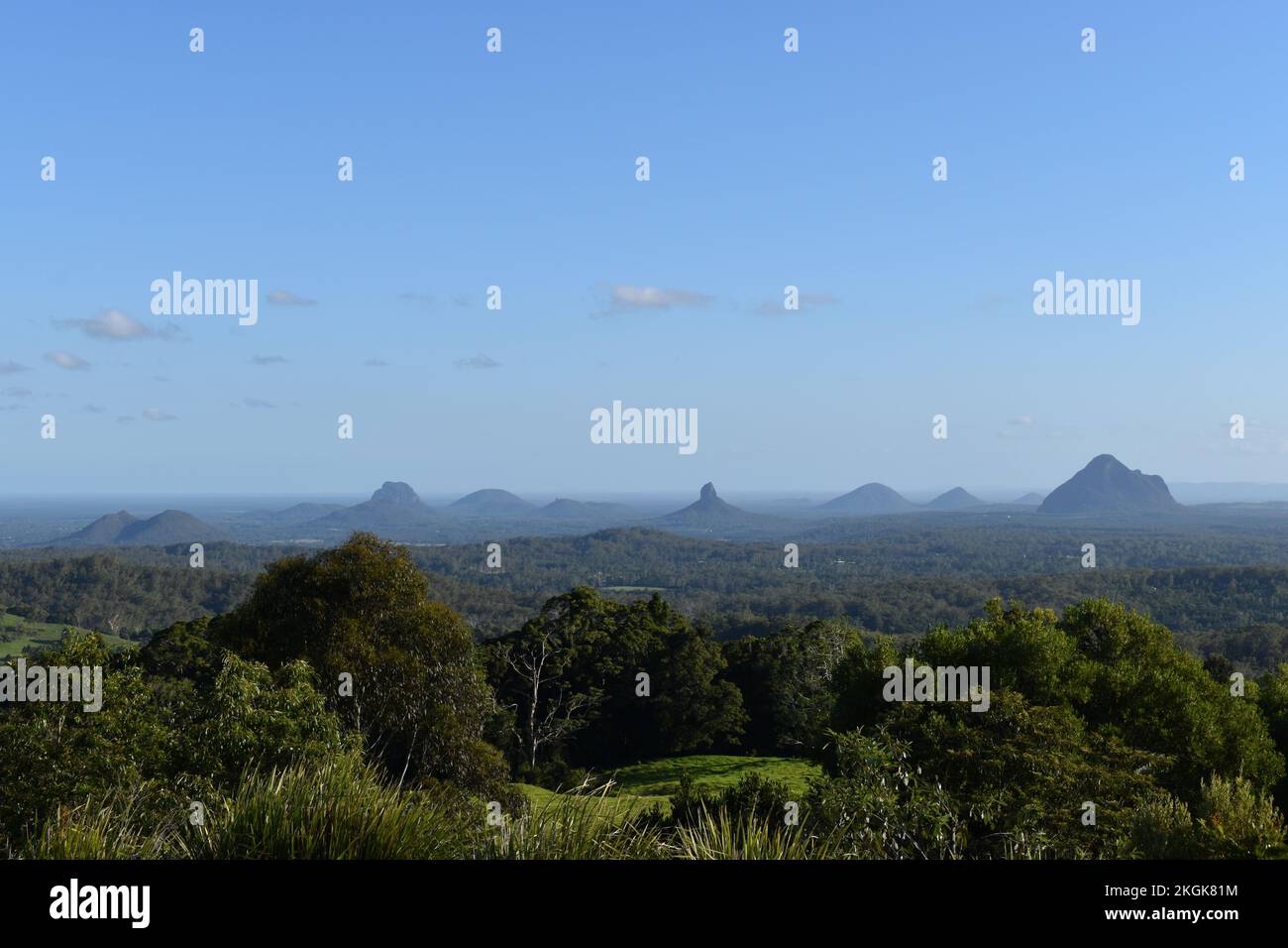 Glass House Mountains landscape from Maleny Stock Photo