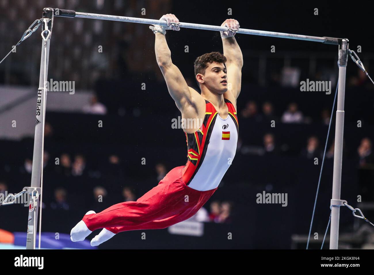 Szczecin, Poland, April 10, 2019:male athlete Mir Nicolau of Spain competes on the horizontal bar Stock Photo