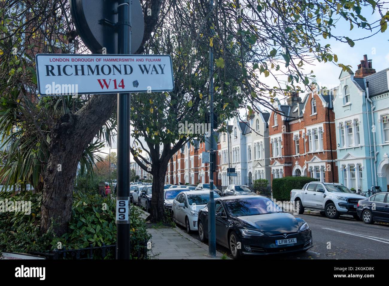 London- November 2022: Street of upmarket townhouses on Richmond Way, Shepherds Bush W14 Stock Photo