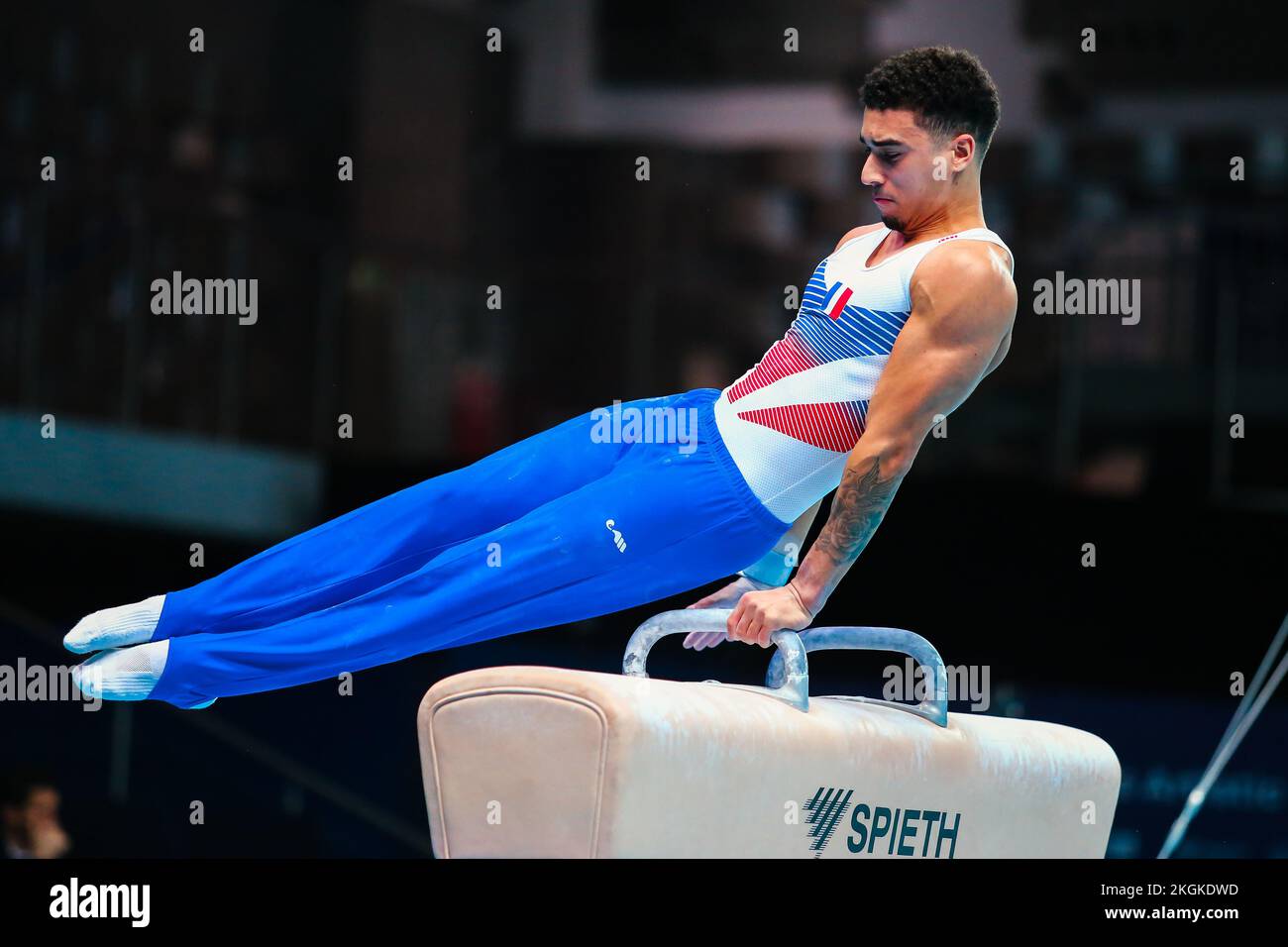 Szczecin, Poland, April 10, 2019:male athlete Frasca Loris of France competes on the pommel horse during the artistic gymnastics championships Stock Photo