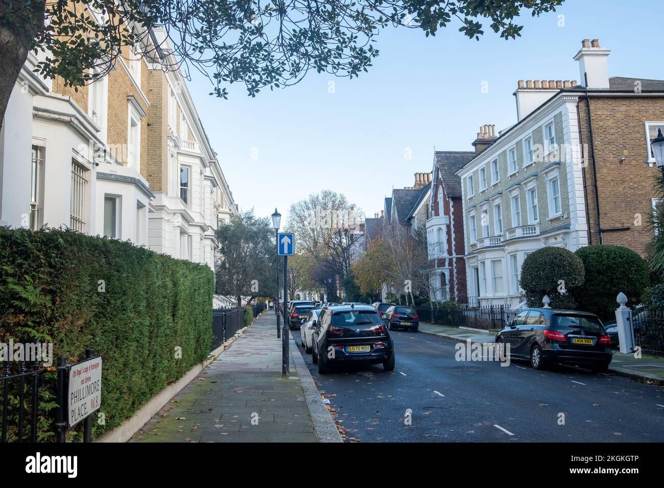 London- November 2022: Upmarket white stucco houses in Kensington, west London Stock Photo