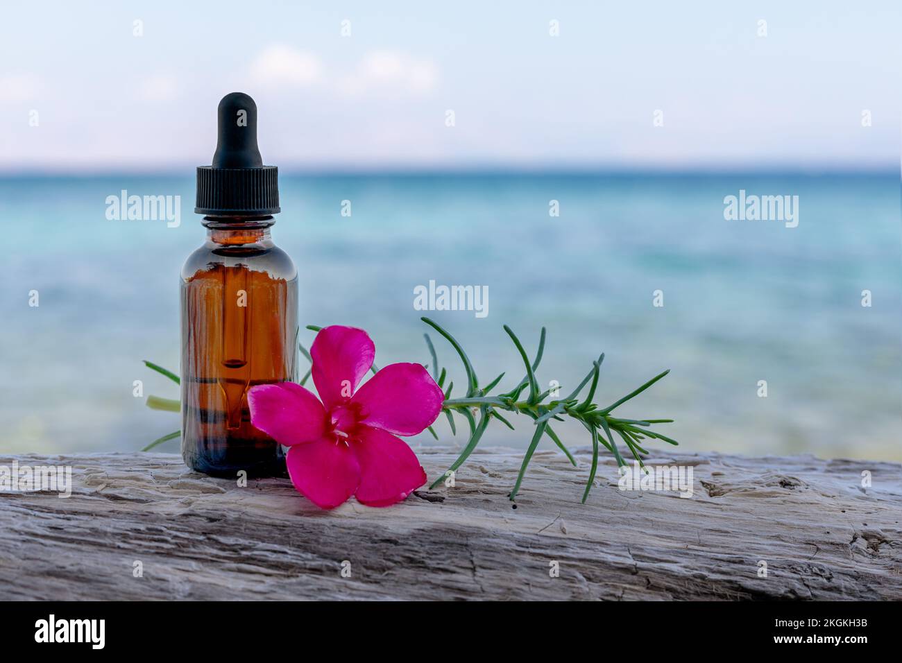 Bach flower therapy, conceptual image. Mockup for bottle. Stock Photo