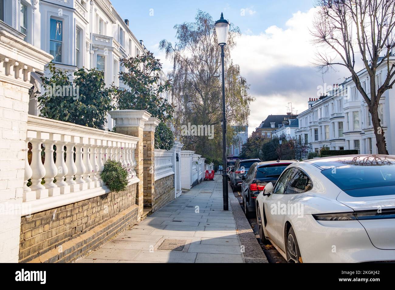 London- November 2022: Upmarket white stucco houses in Kensington, west London Stock Photo