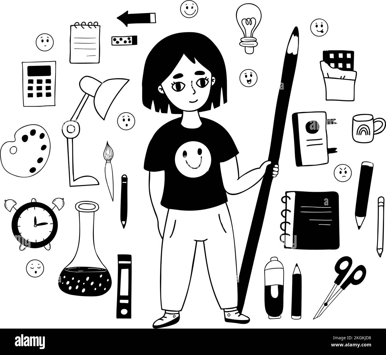 Collection doodles back to school. Cute girl schoolgirl with pencil, school subjects and stationery. Vector illustration. Isolated linear hand drawing Stock Vector