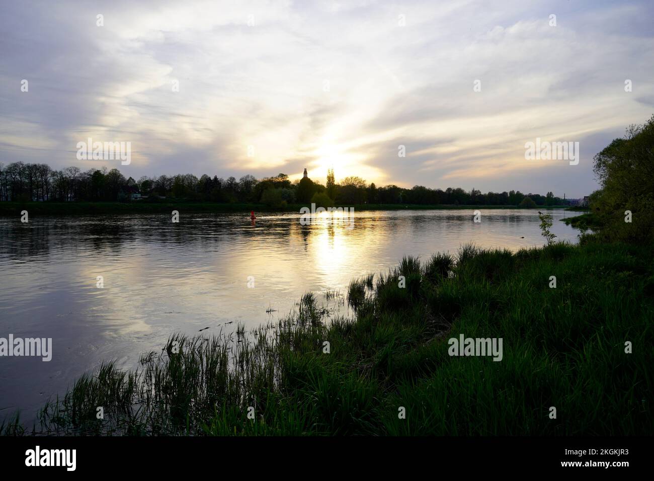 Sunset at the Elbe near Dresden. Landscape in the evening. Stock Photo