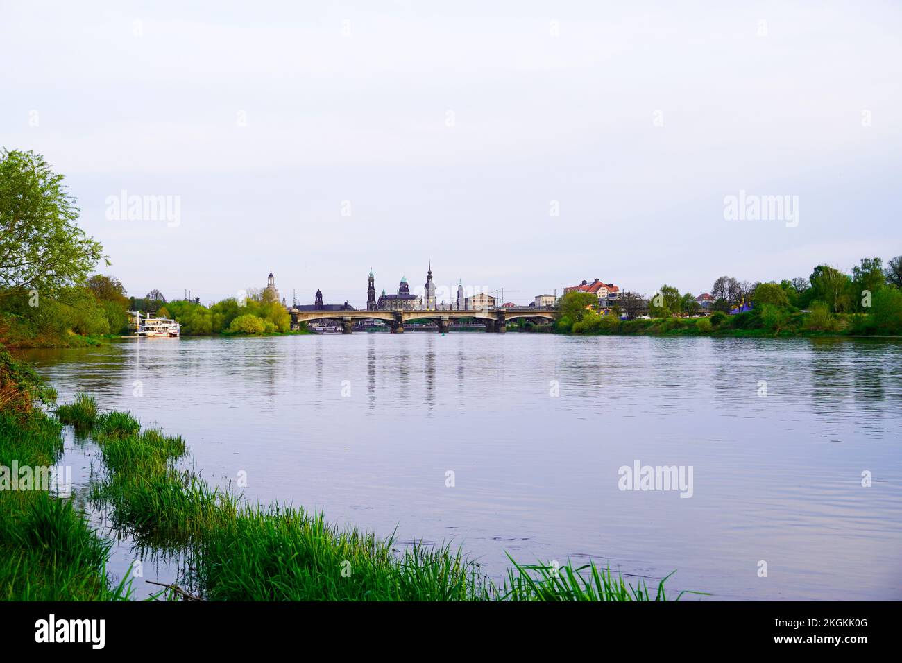 View of the city of Dresden from the banks of the Elbe. Landscape in the evening. Stock Photo