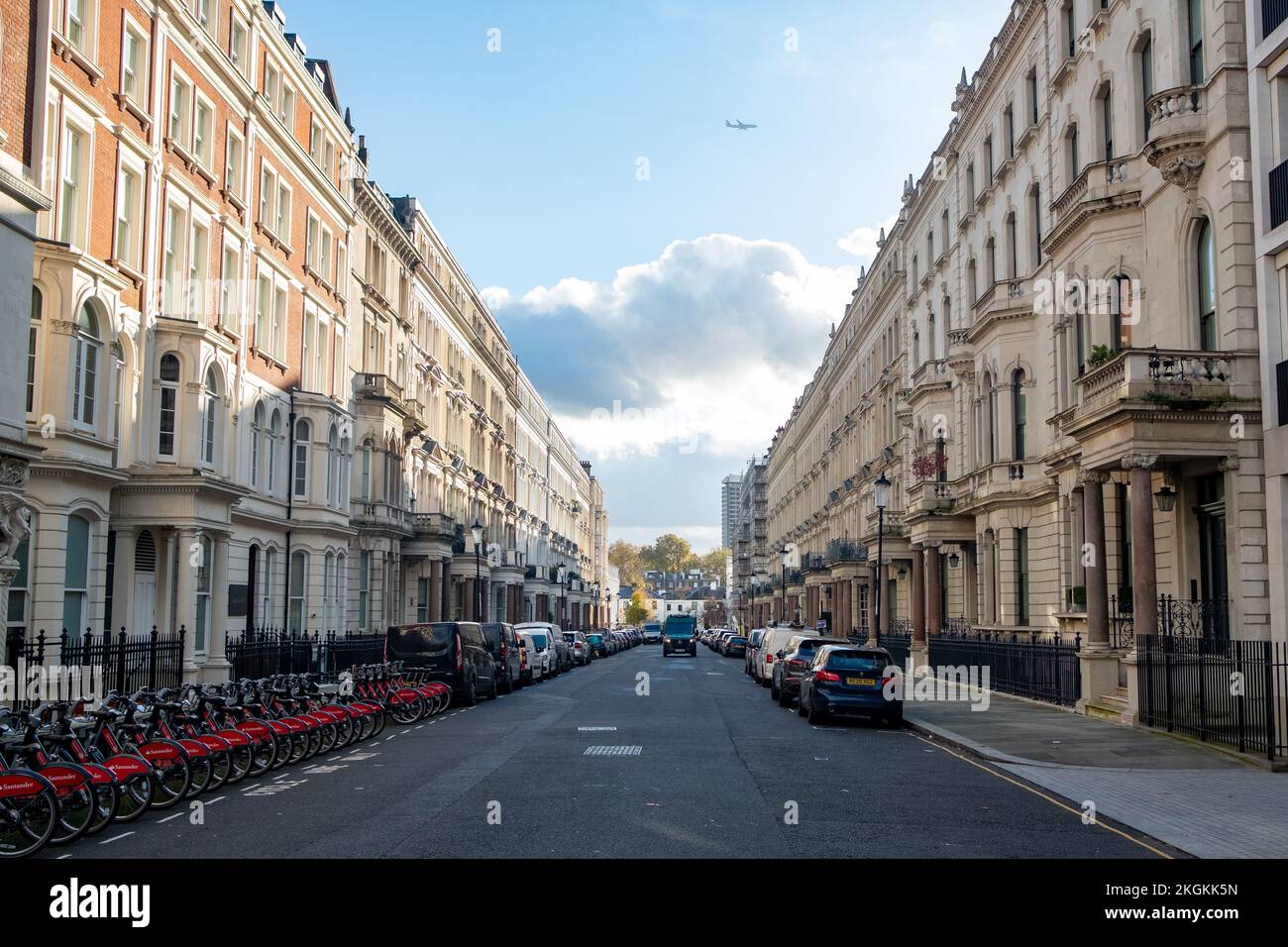 London- November 2022: Upmarket street residential townhouses in Kensington W8. Stock Photo