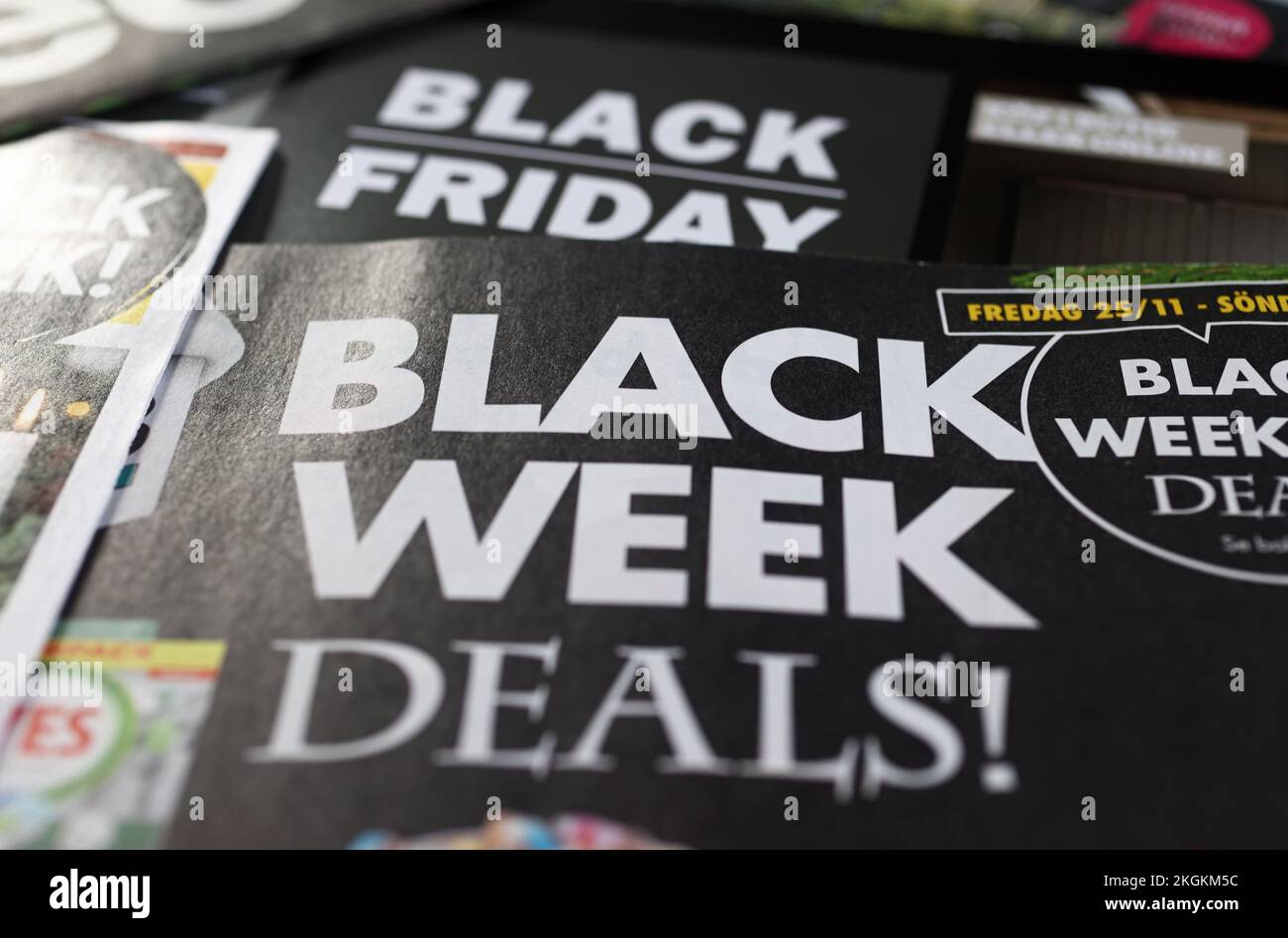 Advertising from various companies about offers during Black Friday and  Black week. Black Friday is a colloquial term for the Friday after  Thanksgiving in the United States. It traditionally marks the start