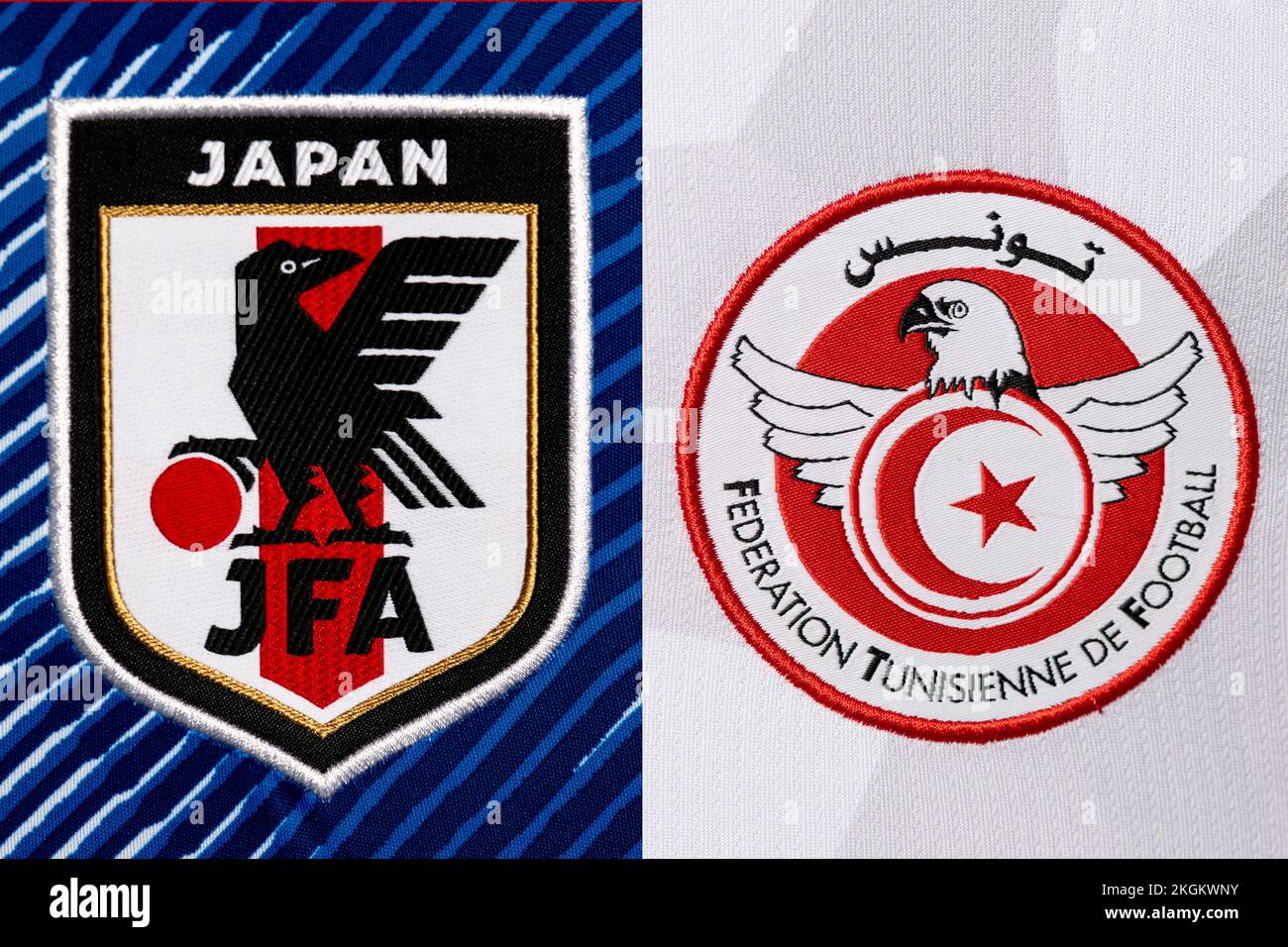 Close up of National Football team crest on home kit. FIFA World Cup Qatar 2022. Stock Photo