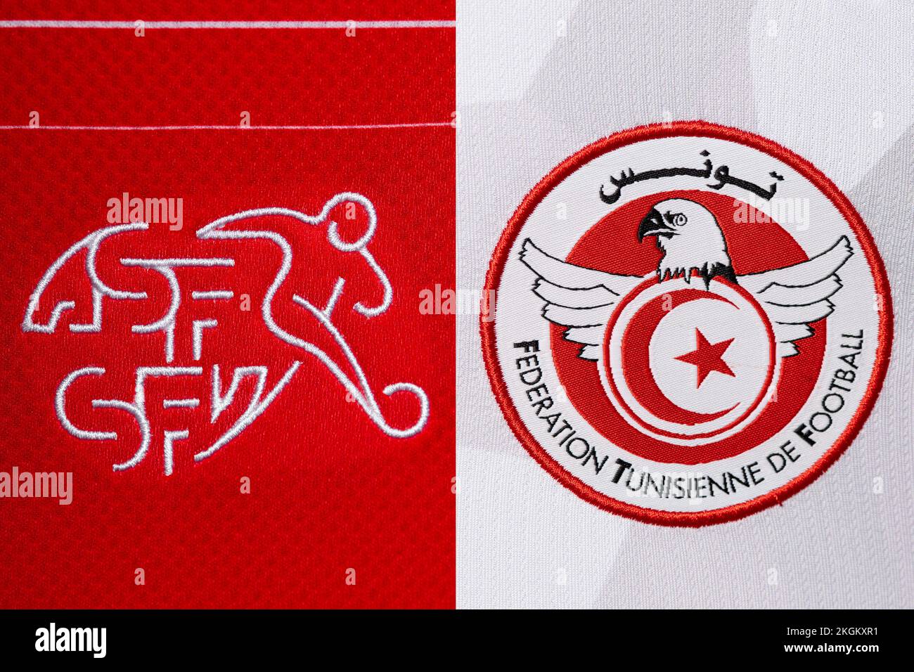 Close up of National Football team crest on home kit. FIFA World Cup Qatar 2022. Stock Photo