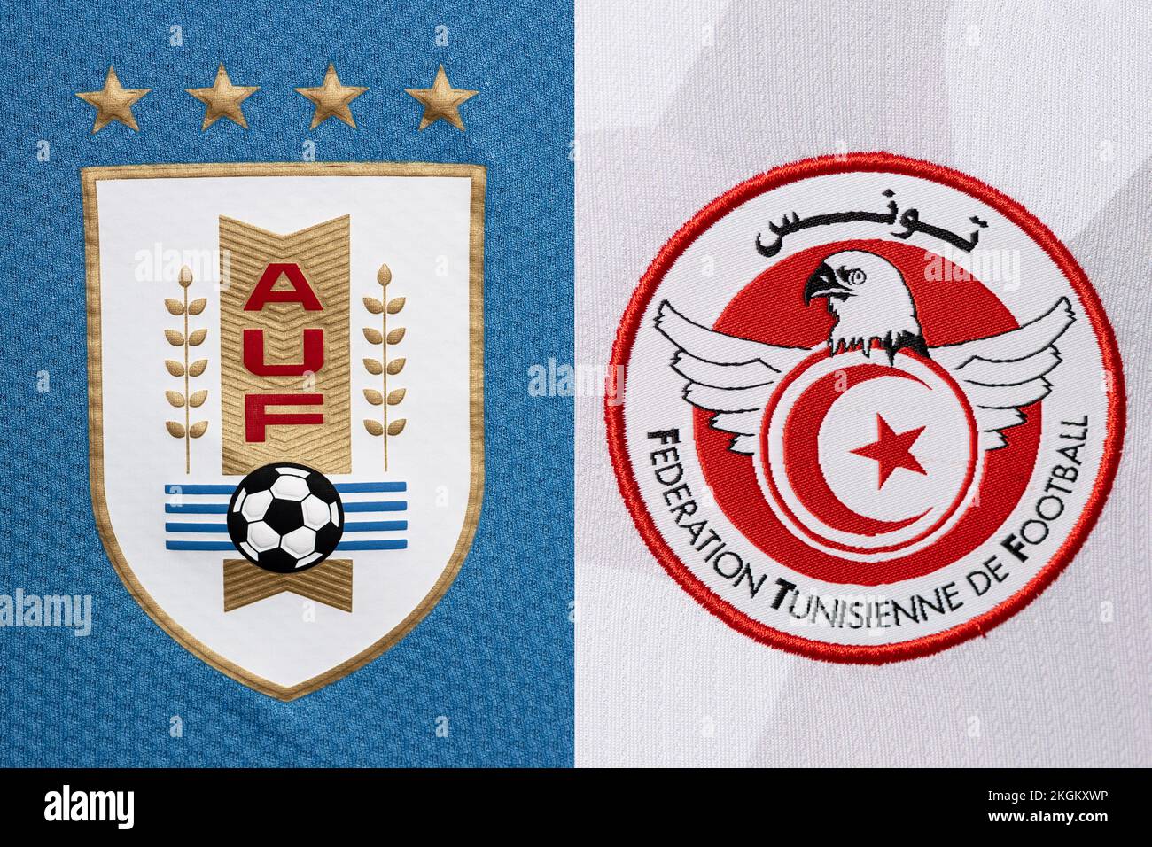 Close up of National Football team crest on home kit. FIFA World Cup Qatar 2022. Stock Photo