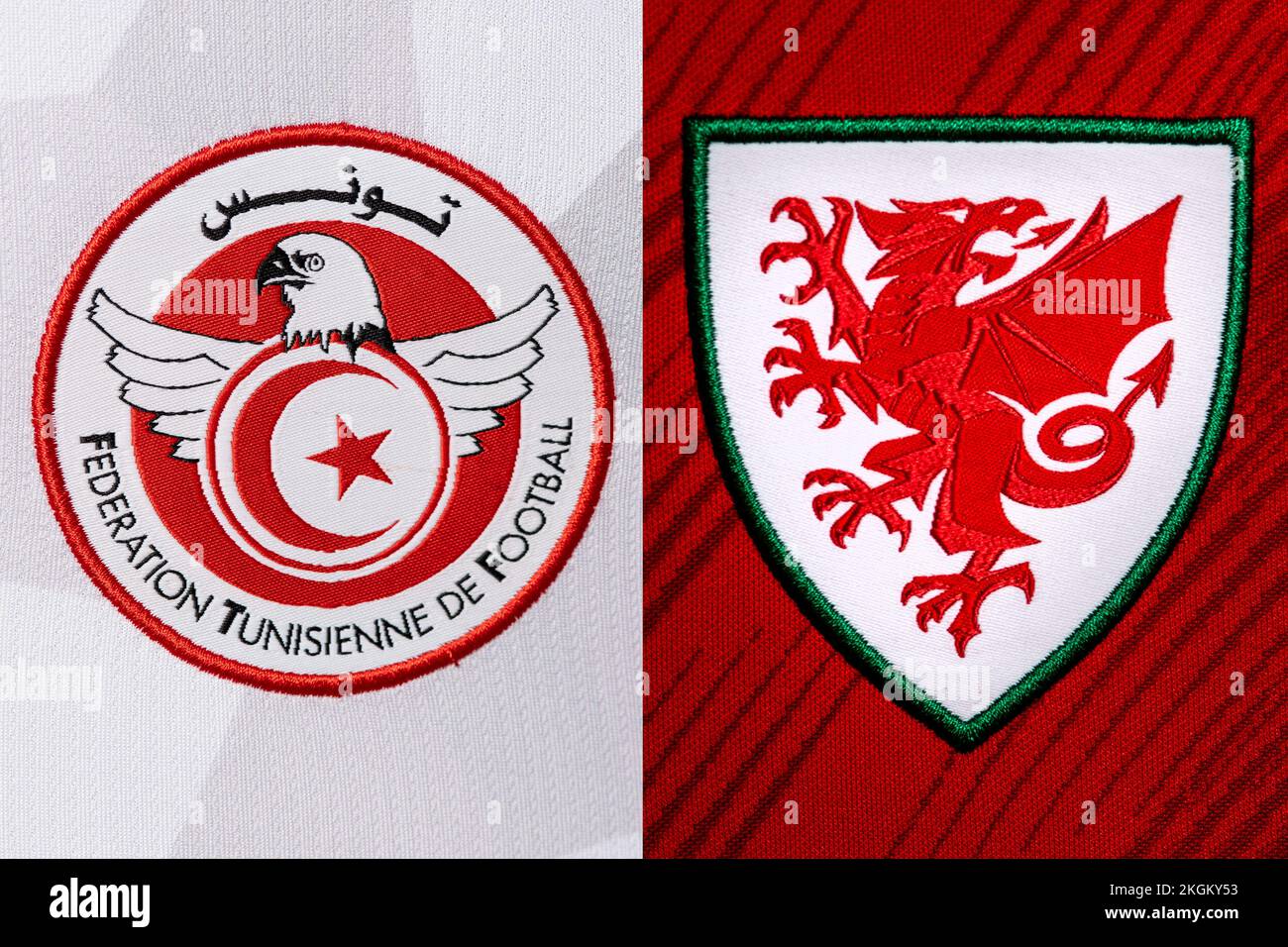 Close up of National Football team crest on home kit. FIFA World Cup Qatar 2022. Stock Photo