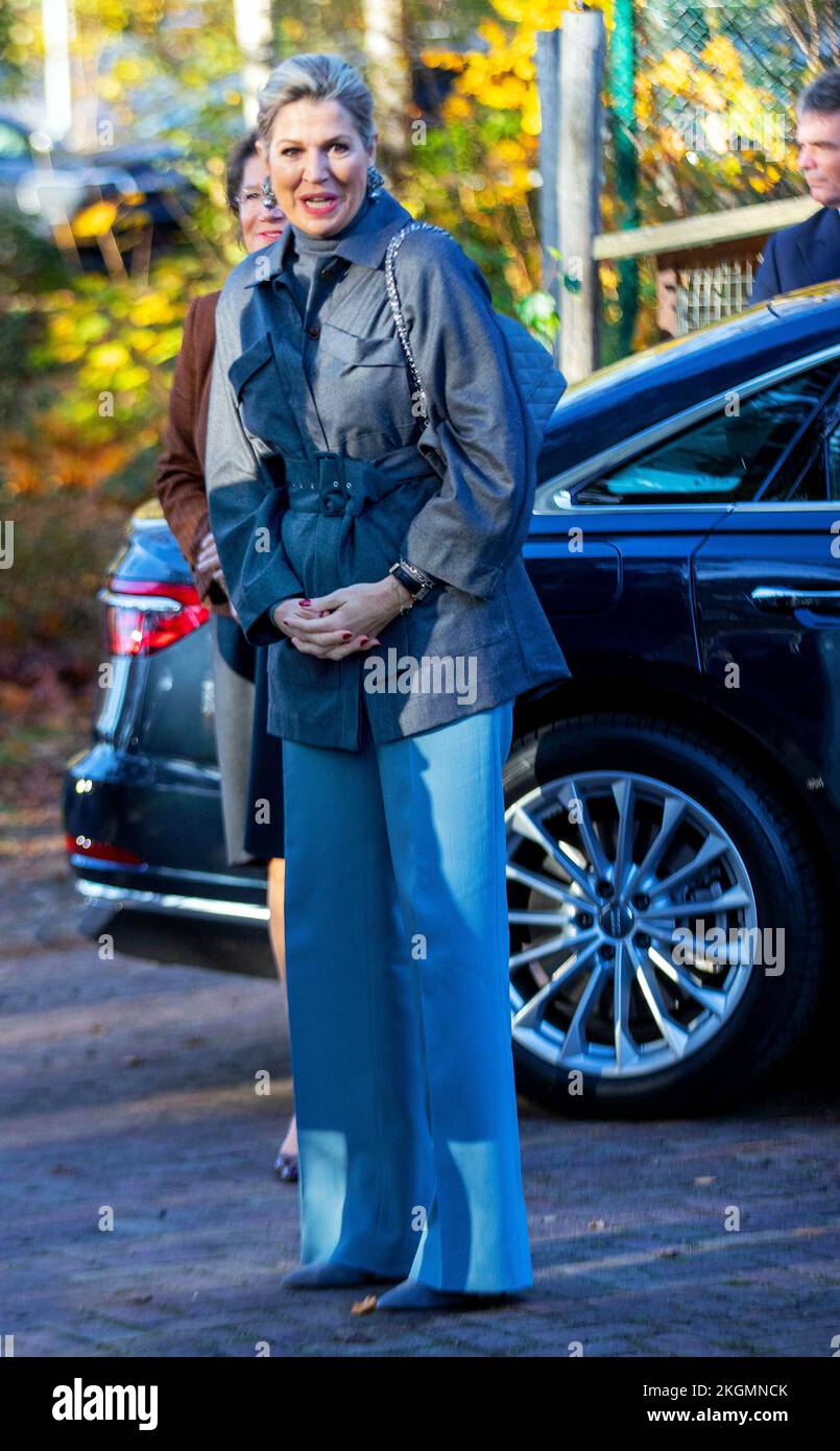 Laren, Netherlands November 23, 2022, Queen Maxima of the Netherlands  arrives at the headquarters of MUD Jeans in Laren, on November 23, 2022,  for a workvisit, MUD Jeans develops and re uses