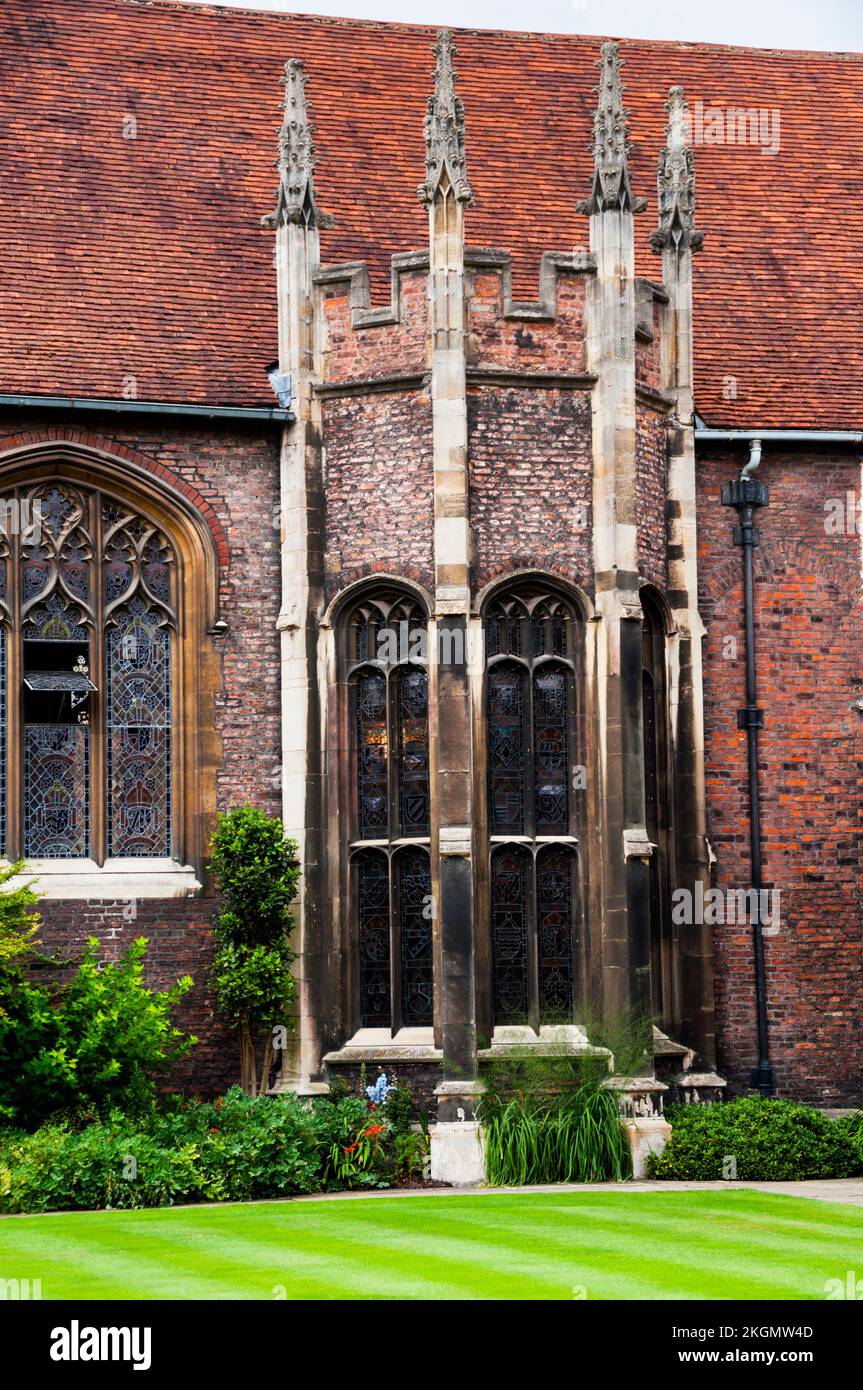 Gothic Oriel window and pointed arch window and tracery at Queens College, Cambridge University, Cambridge, England. Stock Photo