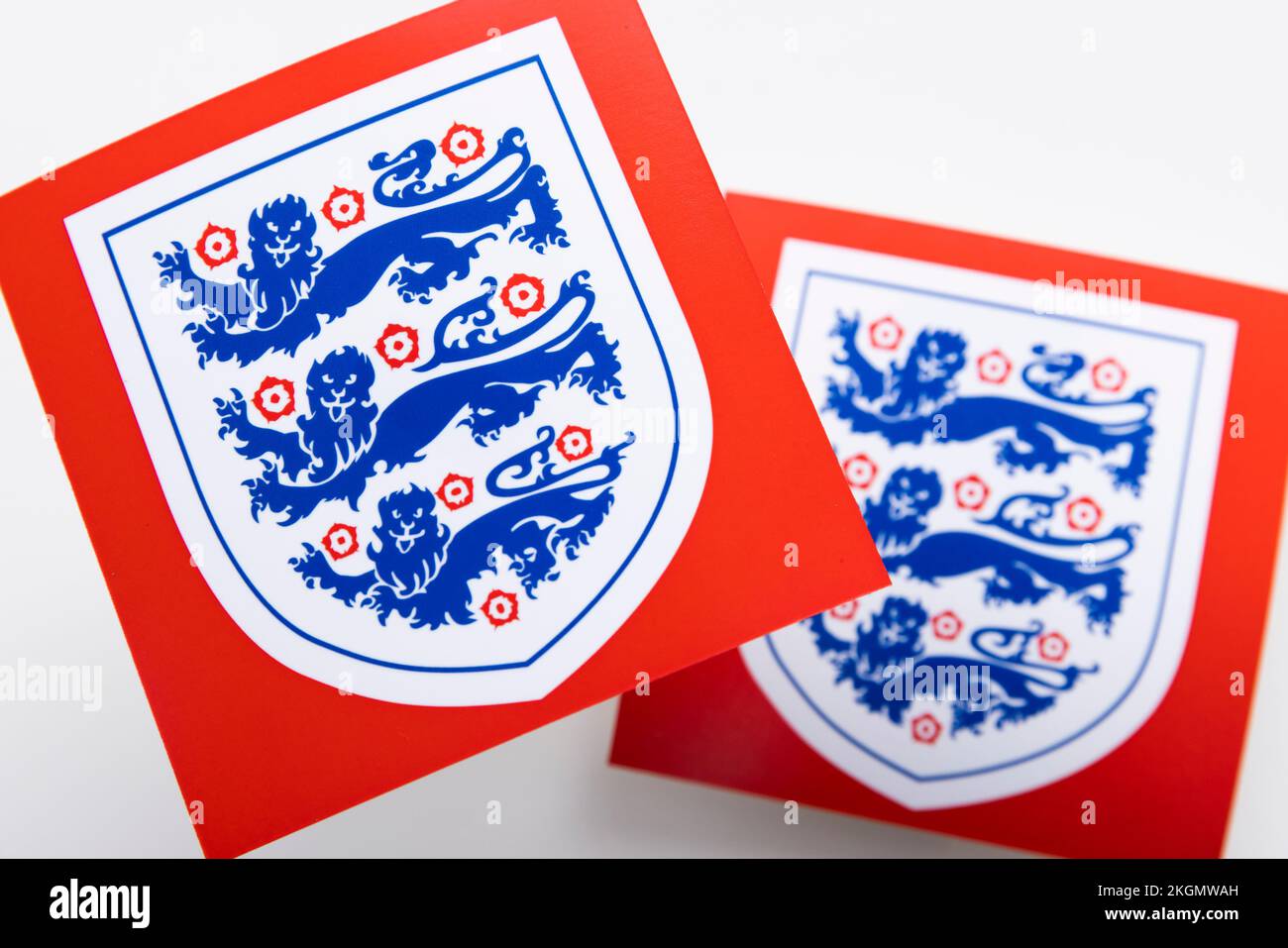 LONDON, UK - December 2022: England football logo Three lions national emblem badge Stock Photo