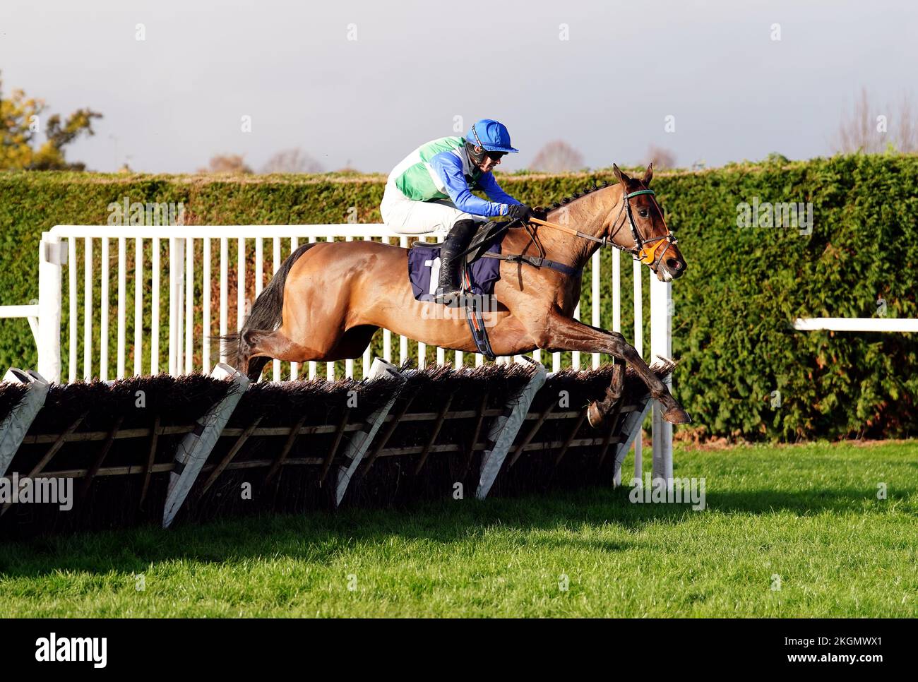 Zestful Hope ridden by jockey Paul O'Brien clear a fence on their way to winning the Cazoo Handicap Hurdle at Hereford racecourse. Picture date: Wednesday November 23, 2022. Stock Photo
