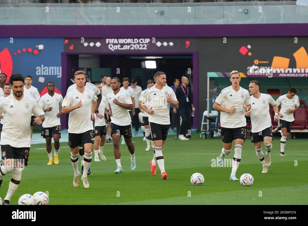 November 23, 2022, Khalifa International Stadium, Doha, QAT, World Cup FIFA 2022, Group E, Germany vs Japan, in the picture the German team warming up, the colors of a rainbow are on the jersey. Stock Photo